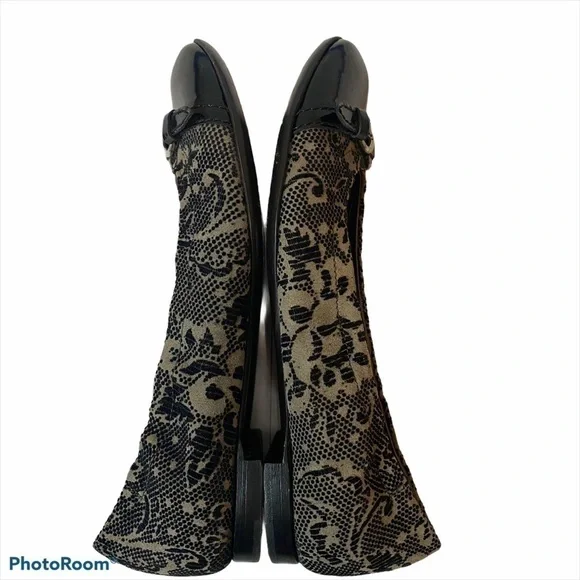 AGL Ballet Flats EU 38 / US 8 Black Patent Leather Monika Cap Toe Velvet Brocade - Picture 7 of 11